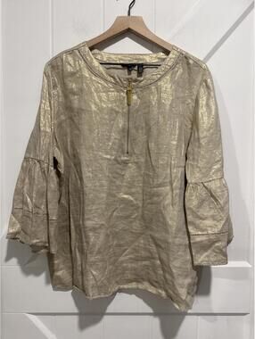 Ellen Tracy 100% Linen Gold Metallic Blouse with Gold Zipper Detail, Size XL